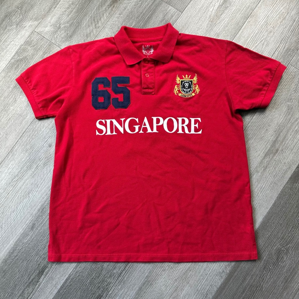 Singapore 65 Red Polo Shirt Lion City Crest Men's Large Y2K